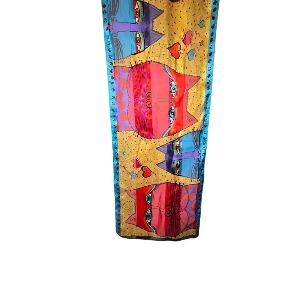 Laurel Burch 100%‎ Silk Cat Scarf Colorful Boho Whimsigoth Wearable Art